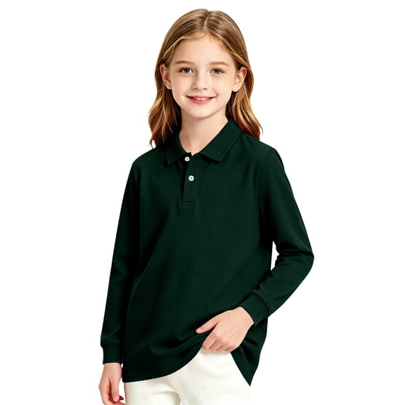 Girls Long Sleeve Collar Pique Polo Shirts Kids School Uniform Daily Tops Dark Green 130