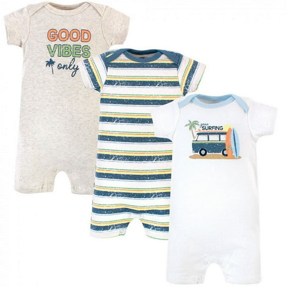 Hudson Baby Infant Boy Cotton Rompers 3pk, Gone Surfing, 0-3 Months