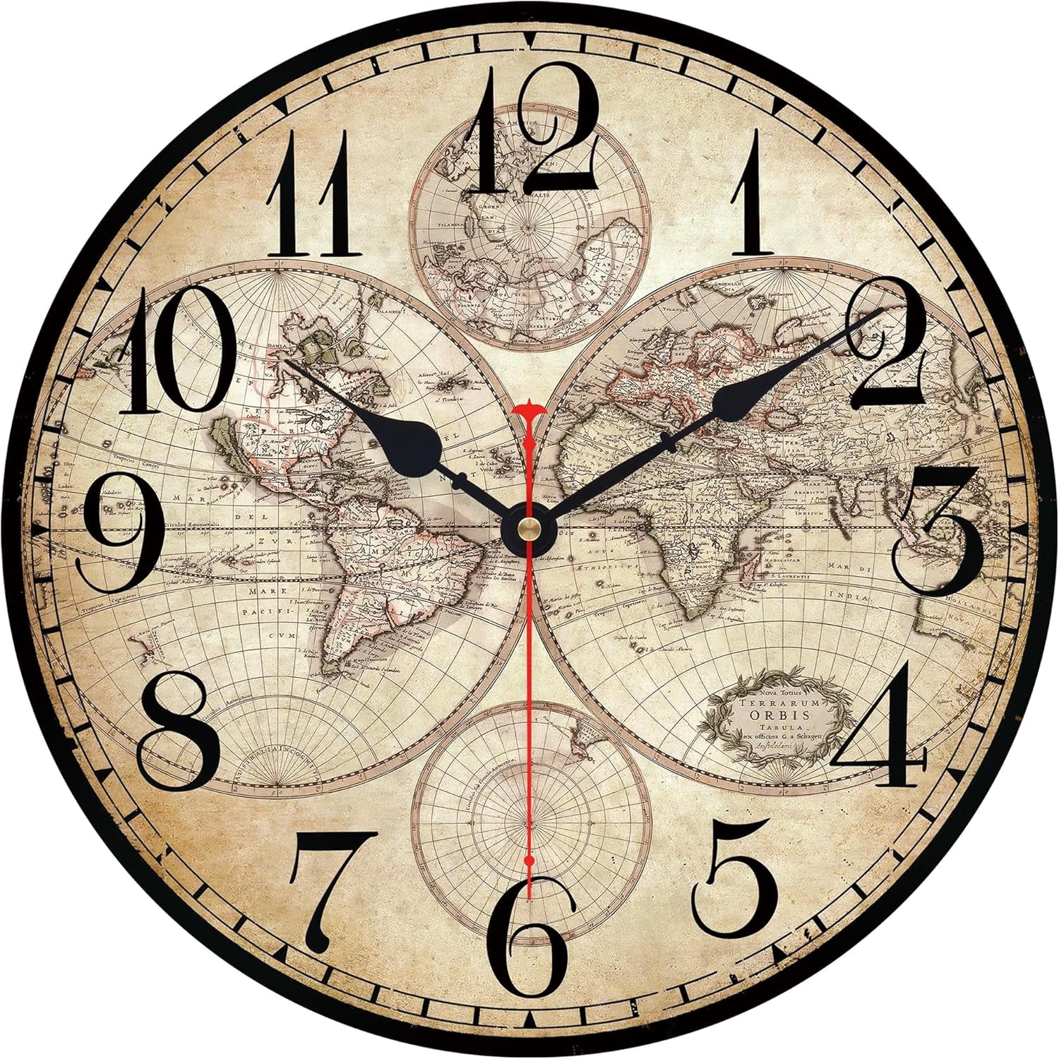 14in Vintage Wooden World Map Wall Clock Silent Rustic Large Kitchen Decor