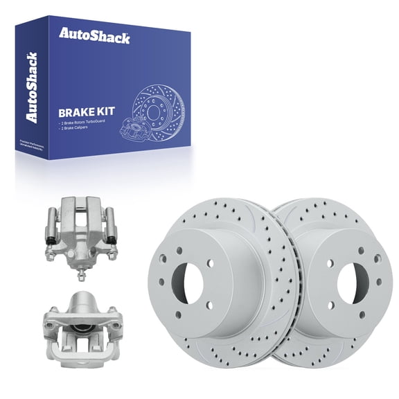 AutoShack Rear Vented Drilled & Slotted Coated Brake Rotors Silver Matte Finish   Calipers 4-PC Brake Kit Replacement for 2003-2005 Nissan 350Z 2003-2005 INFINITI G35 TurboGuard 11.49" (291.8 mm)