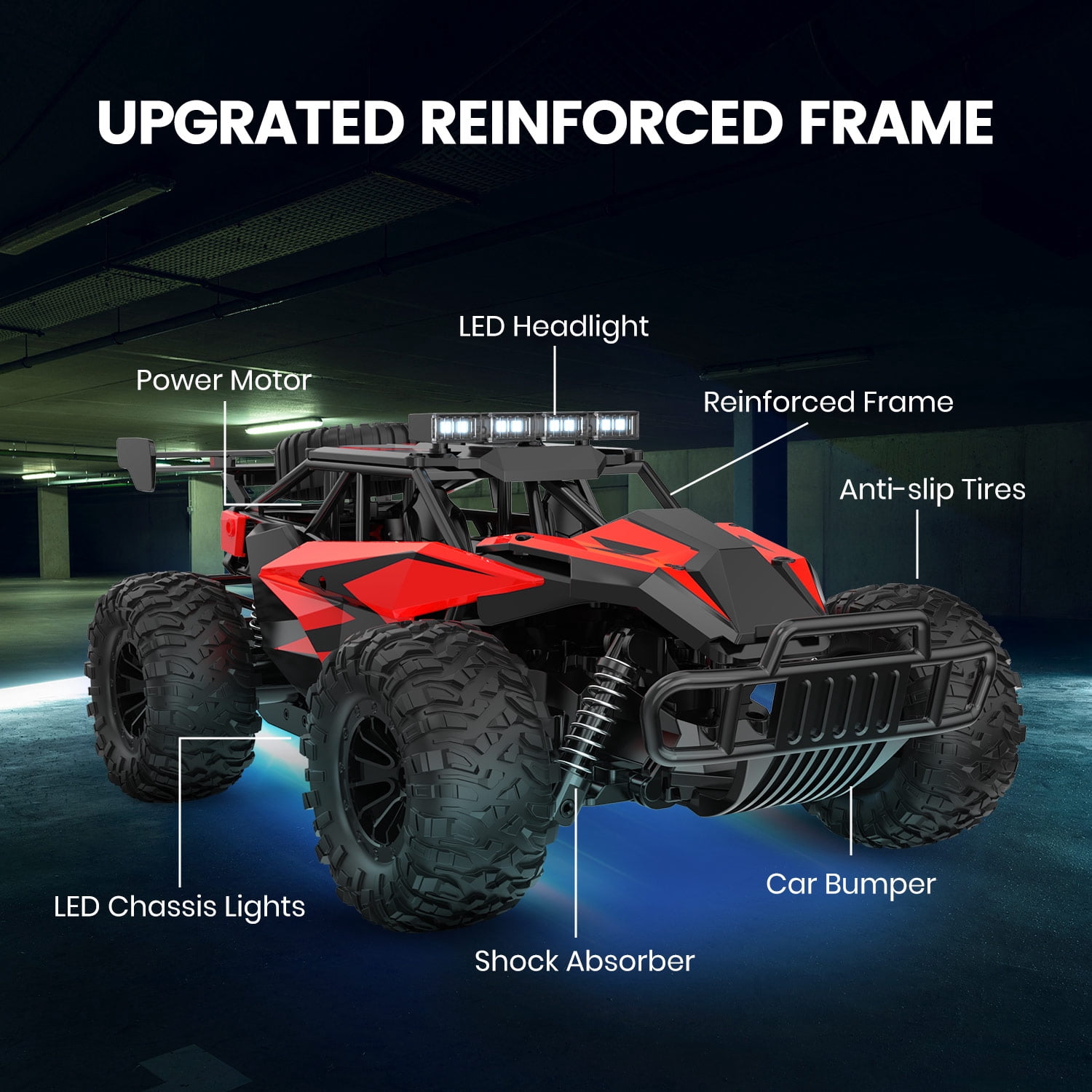 JoyStone RC Cars 1:14 Scale Remote Control Truck, 15+ mph High Speed Monster Truck with LED Headlights, Chassis Lights and 2 Batteries for Boys Kids, Red