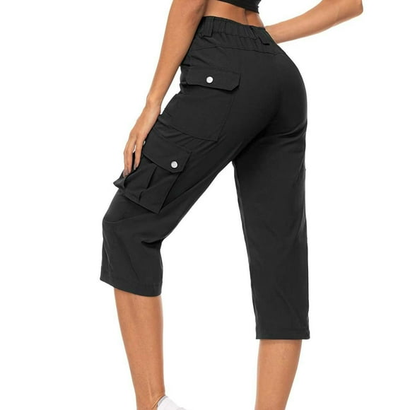 RKSTN Cargo Pants Women Fashion Solid Color Elastic High Waist Wide Leg Cropped Trousers Loose Fit Outdoor Running Climbing Pants with Pockets