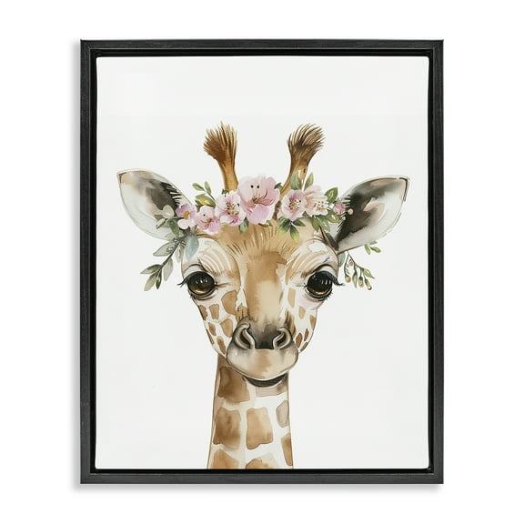 Stupell Industries Nursery Floral Giraffe Animals Painting Black Floater Framed Canvas Art Print Wall Art, 17 x 21