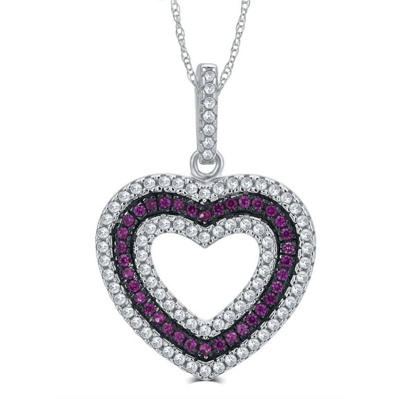 1/4 Carat T.G.W. CZ and Created Ruby Gemstone Sterling Silver Heart Pendant Necklace, 18" Chain