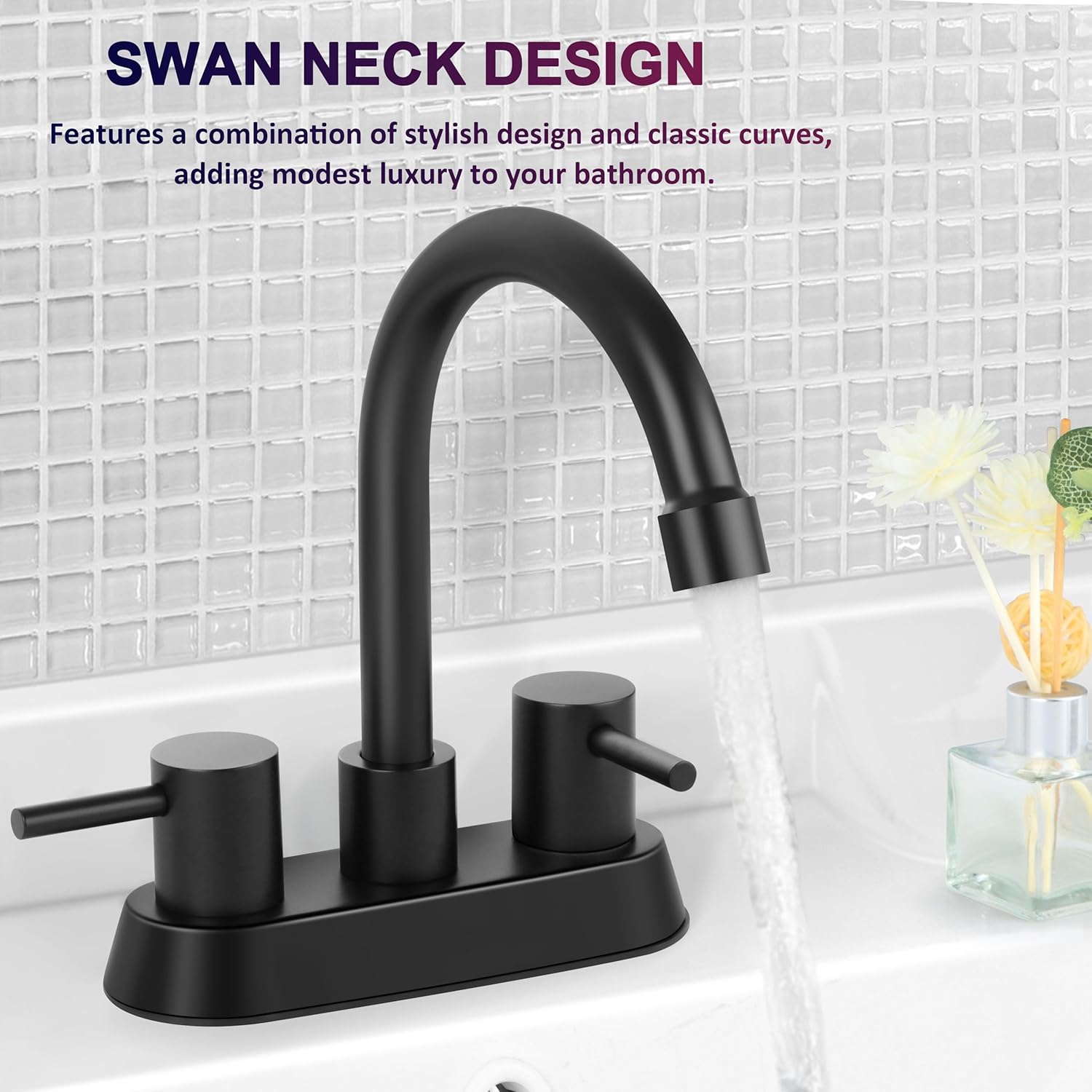 4 Inch 2 Handle Centerset Matte Black Modern Bathroom Faucet 360 Swivel Spout Bathroom Vanity Sink Faucet with Pop Up Drain and Water Supply