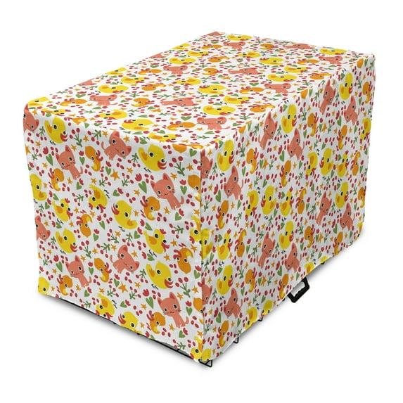 Animal Dog Crate Cover, with Kitties Birds Chickens Flowers Berries Spring Cartoon, Easy to Use Pet Kennel Cover Small Dogs Puppies Kittens, 7 Sizes, Multicolor, by Ambesonne