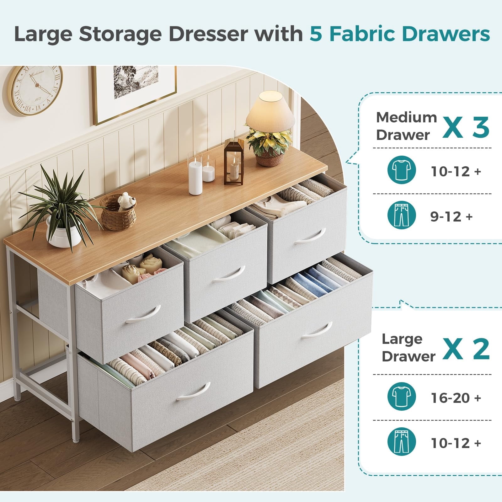 Telyra 5-Drawer Fabric Dresser TV Stand Organizer with Wood Top and Metal Frame, Light Gray