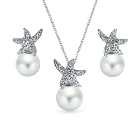Nautical Bride CZ Beach Wedding Starfish Pendant Earring Jewelry Set For Women 925 Sterling Silver Simulated Pearl 8MM