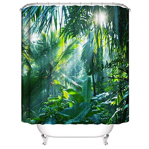 hipaopao Tropical Jungle Plant Shower Curtain Sunlit Palm Leaves Green