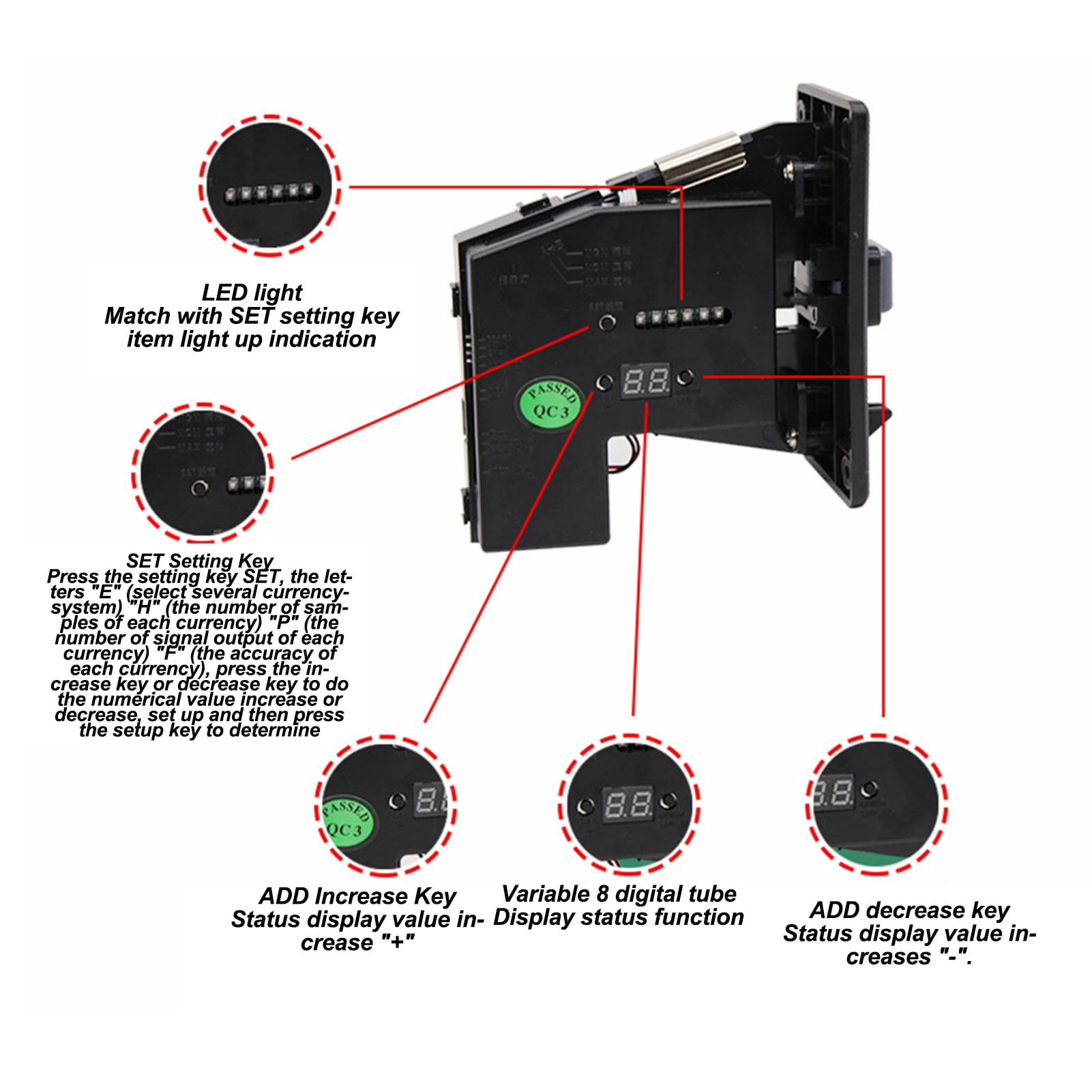 Rupoun 6 Type Coins CPU Multi Coin Acceptor, Memory Function Refund Button Smart Game Slot Selector for Vending Machines Arcade Cabinets