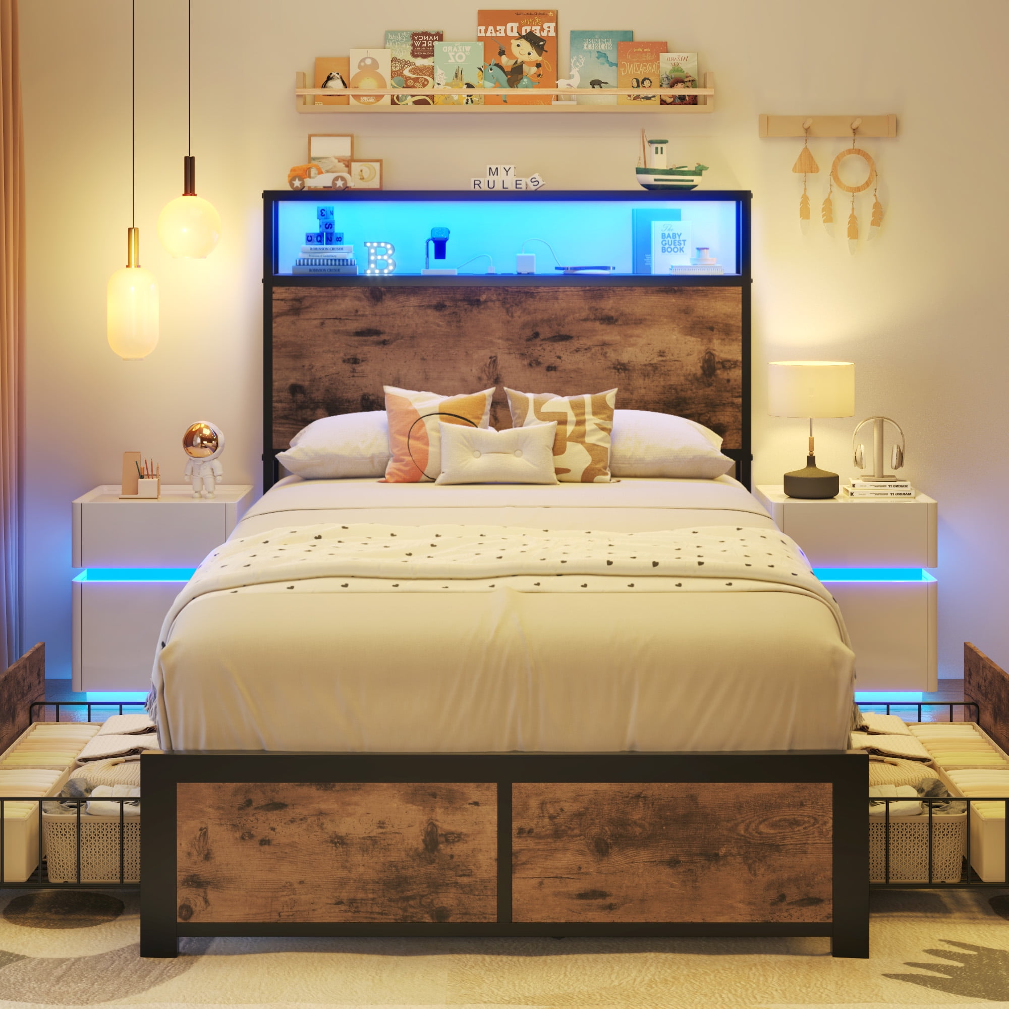 Fluest Twin Bed Frame with 2-Tier Storage Headboard, USB Port and LED Light, 4 Storage Drawers, Brown