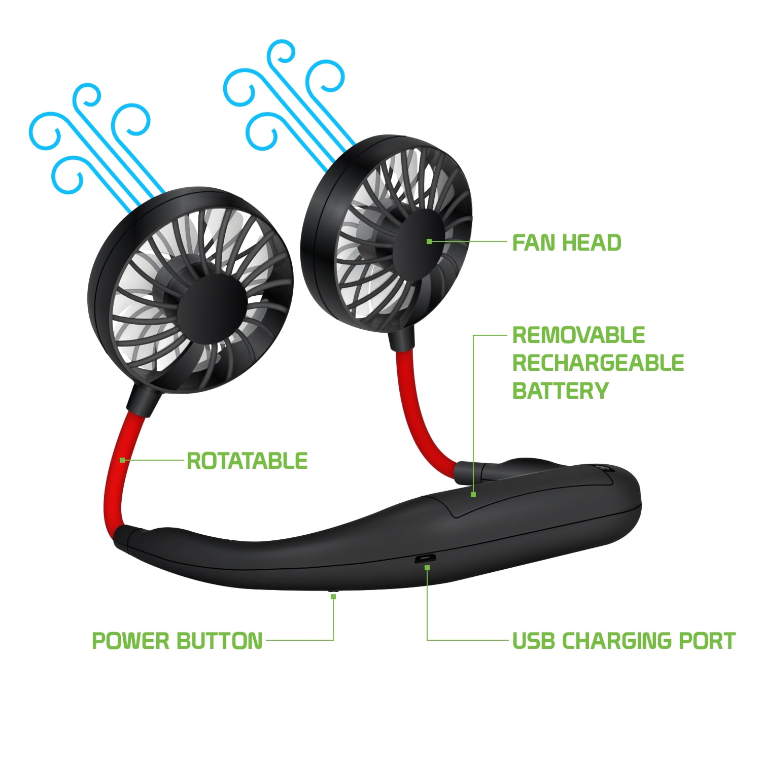 ,BATTERY OPERATED WIND BLASTER MINI FANS WITH NECK STRAP.A COLORS.PER LOT OF 2