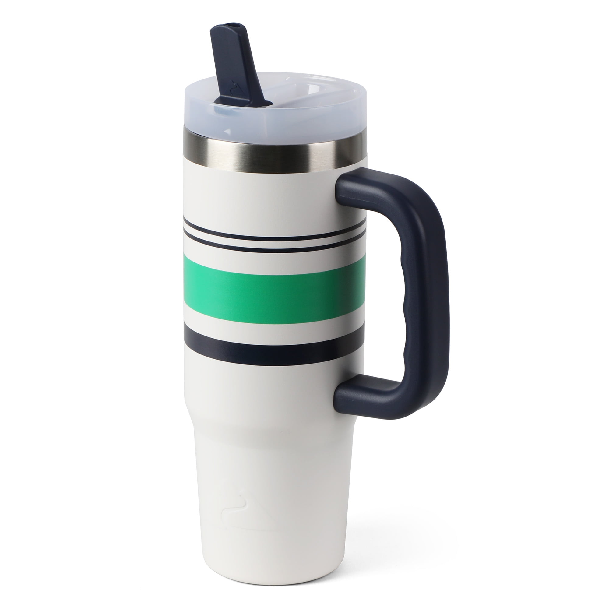 Ozark Trail 30 oz Stainless Steel Insulated Varsity Tumbler with Handle, White with Green Stripe