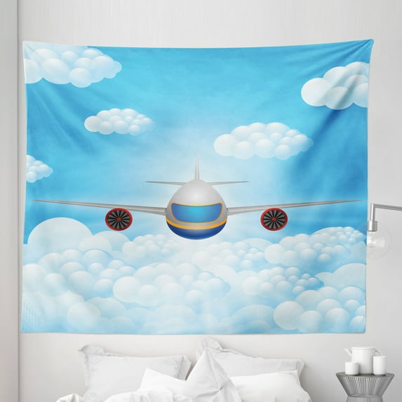 Airplane Tapestry, Digital Animation Look Drawing Flying Vehicle Travel Aviation Bubble Clouds, Fabric Wall Hanging Decor for Bedroom Living Room Dorm, 5 Sizes, Blue Red Orange, by Ambesonne