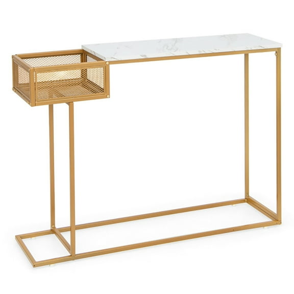 Yardi Yard Rectangular White Faux Marble Console Table with Storage-Gold, Narrow Console Table with Shelves for Entryway & Hallway