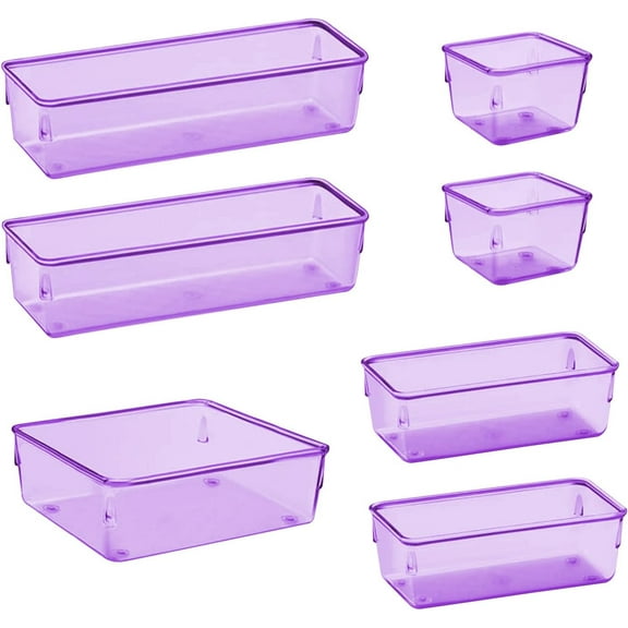 Acrimet Drawer Organizer Modular, Box Tray Storage Bins for Office, Home, Makeup, Kitchen, Junk Drawer (7 Units - 4 Sizes) (Clear Purple Plastic)