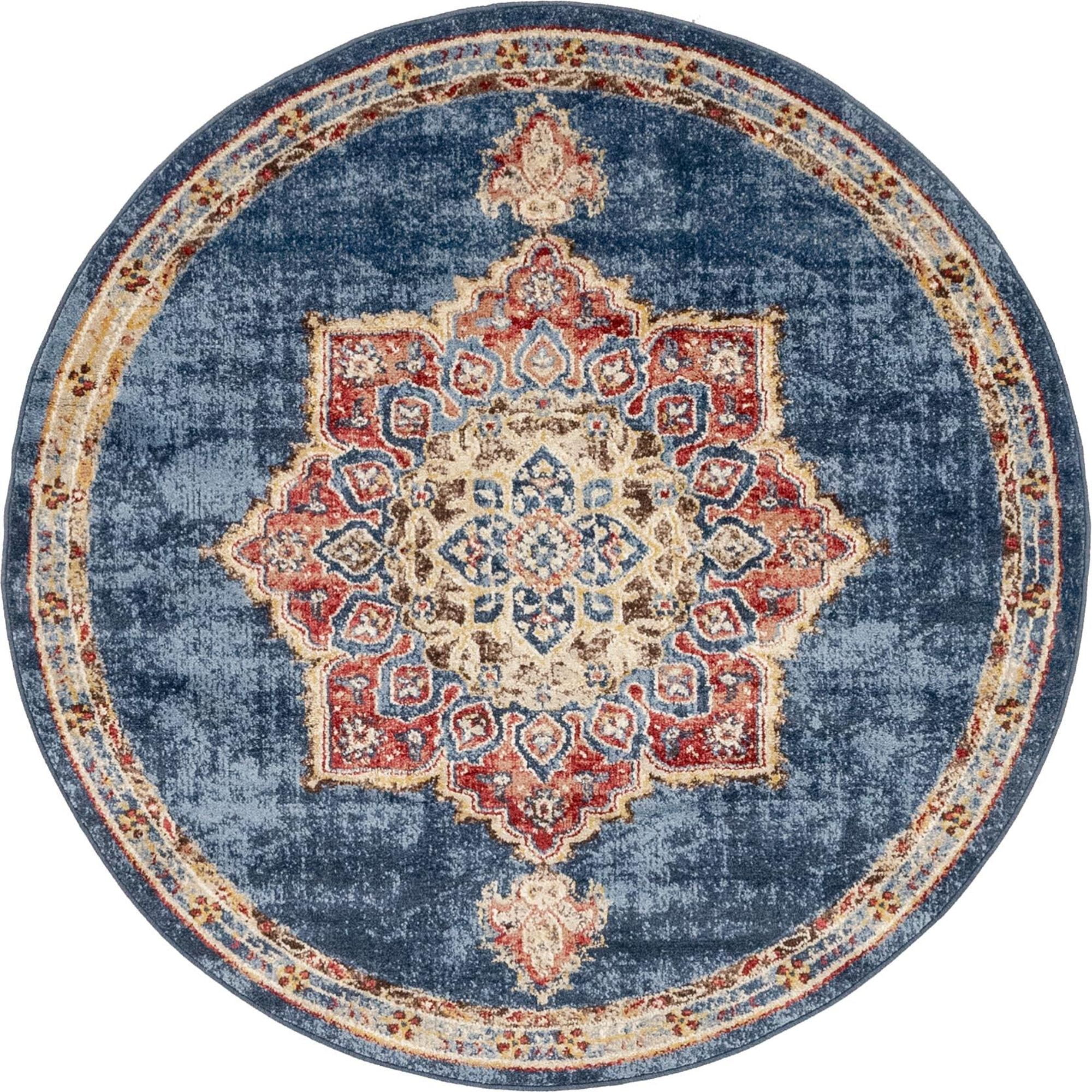 5' Navy Blue and Burgundy Red Medallion Round Area Throw Rug Walmart