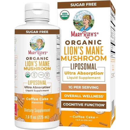 MaryRuth's Organic Lion's Mane Mushroom Liposomal Supplement, Overall Health, Organic, Vitamin E, Vegan, Dairy-Free, Coffee Cake Flavor, 7.6 fl oz