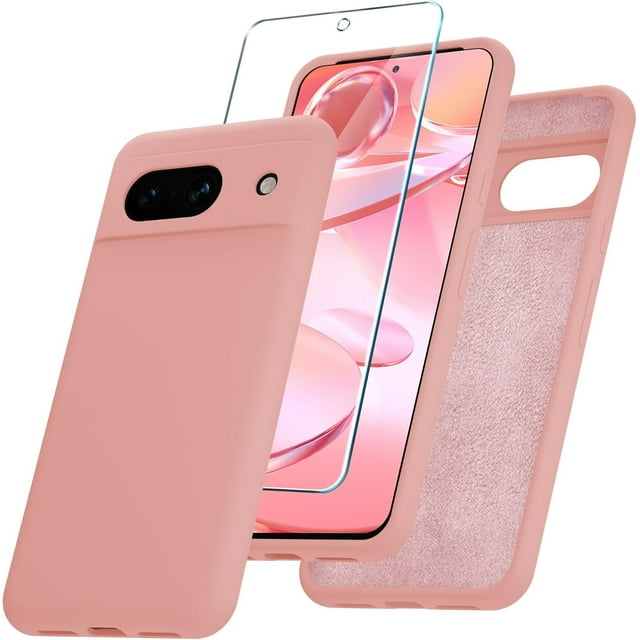 KOMI for Google Pixel 8a Case, Silicone Phone Case with 1 Screen Protector, Soft Anti-Scratch Microfiber Lining, Full Body Shockproof Slim Cover Support Wireless Charging, Pink
