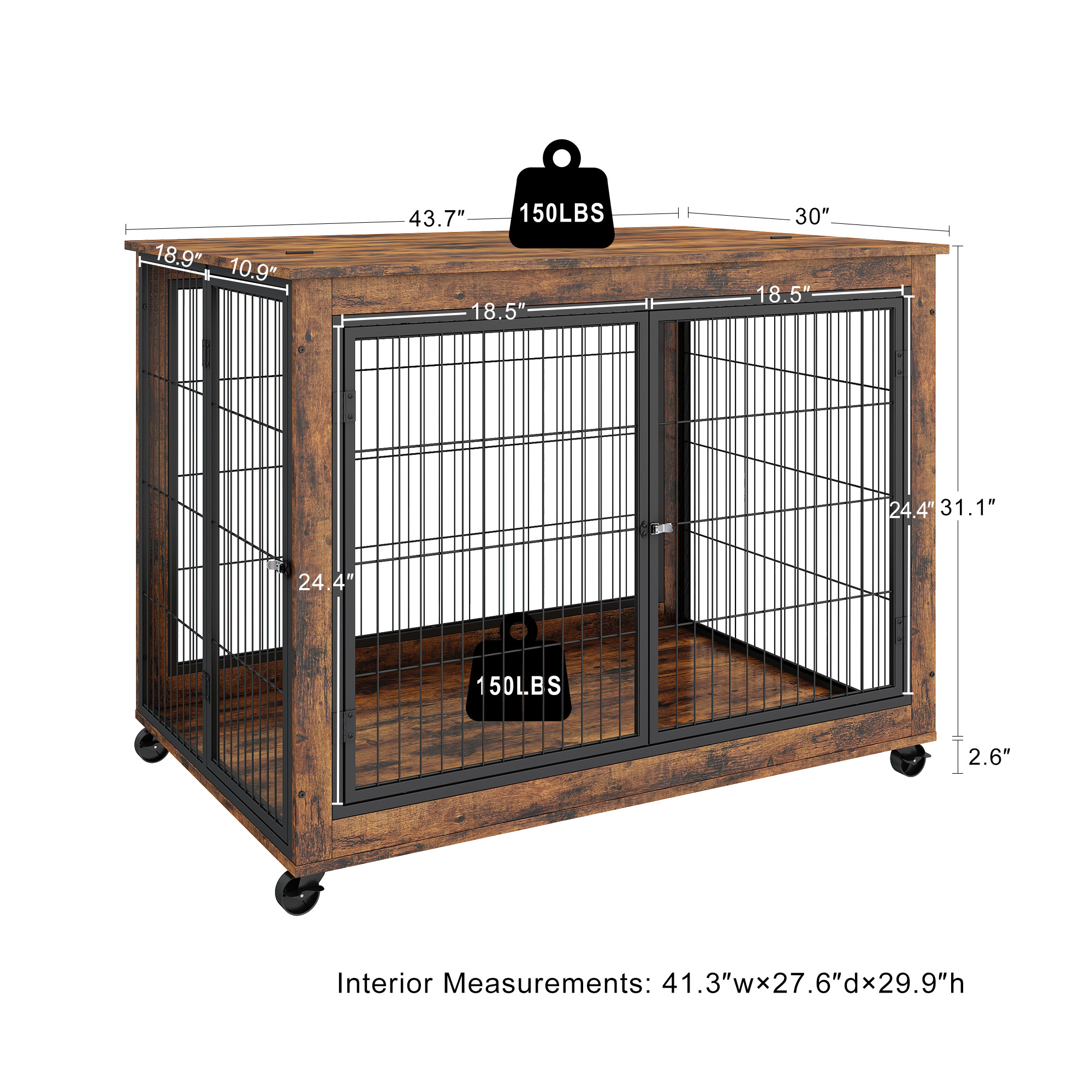 Syngar Dog Crate on Wheels, Wooden Dog Cage with Lockable Double Doors and Lift Top, Modern Home 2-in-1 Dog House End Table Furniture, Dog House for Small/Medium Sized Dogs, Rustic Brown, 43.7"L