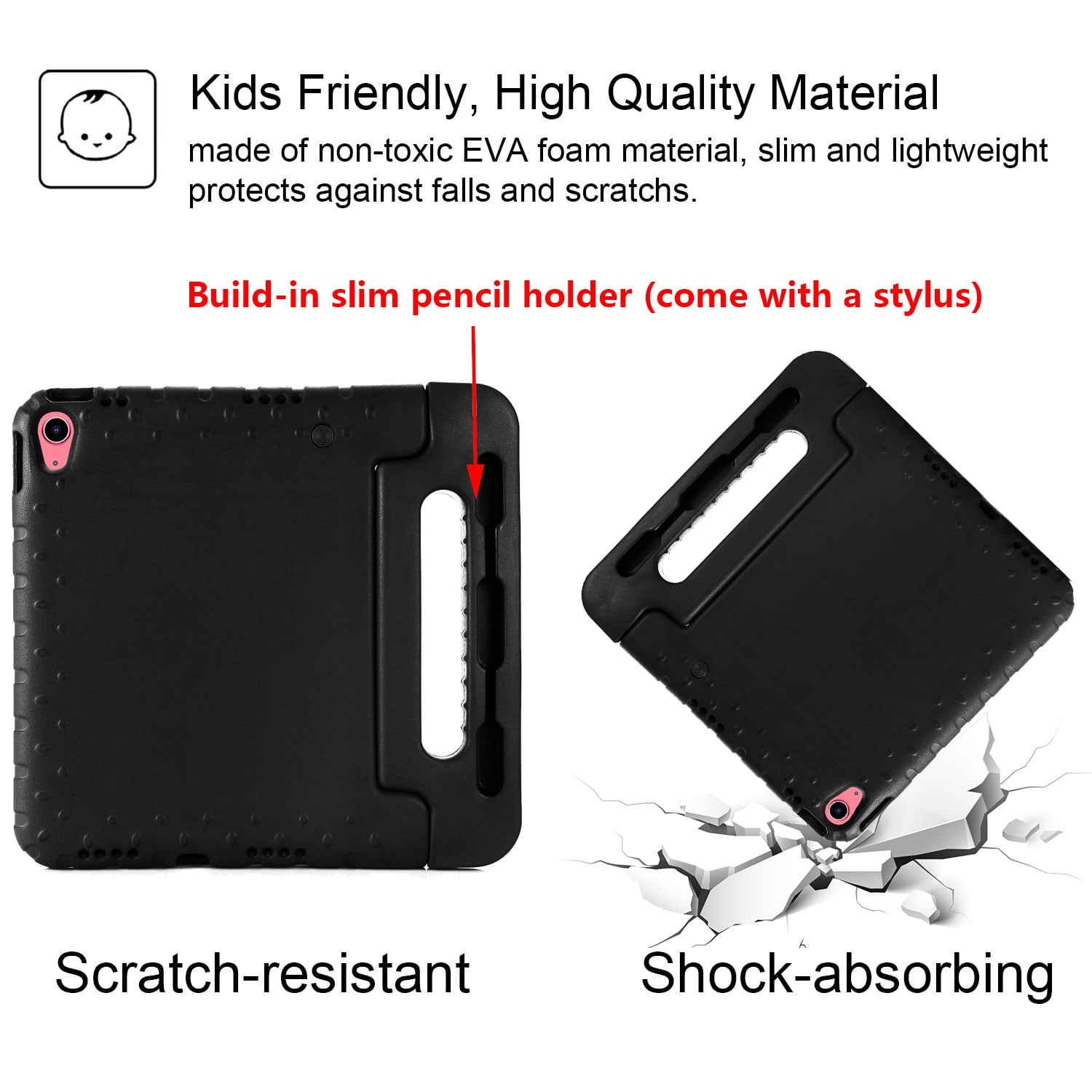 Allytech Kids Case for Apple iPad 10th Generation 10.9 inch 2022 with Pencil Holder/Rotating Stand Handle/Foldable Kickstand Kid-Proof Girl Boy Soft EVA Foam Shockproof Rugged Heavy Duty Cover, Black