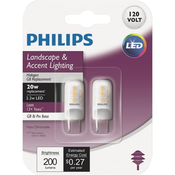 Philips LED 20-Watt T4 Bi-Pin Landscape & Accent Light Bulb, Non-Dimmable, G8 Bi Pin Base (2-Pack)