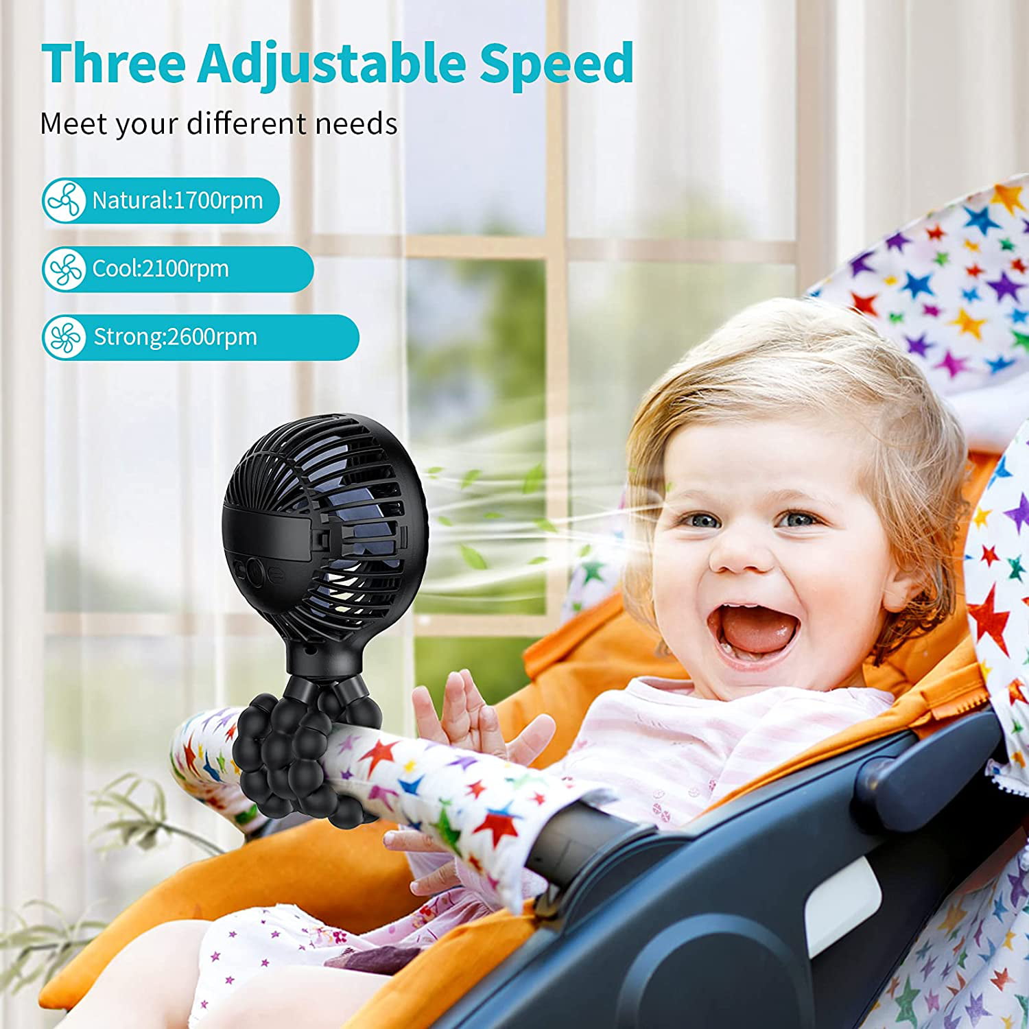 Portable Tripod Cooling Fan Handheld Baby Stroller Fan 3 Speed USB Rechargeable