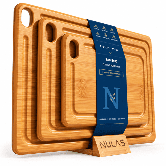 NULAS 4-Piece Wood Cutting Board Set, Bamboo Chopping Board for Kitchen with Holder, Juice Grooves & Easy-Grip Handles, Charcuterie Board for Chopping Meat, Vegetables & Fruits