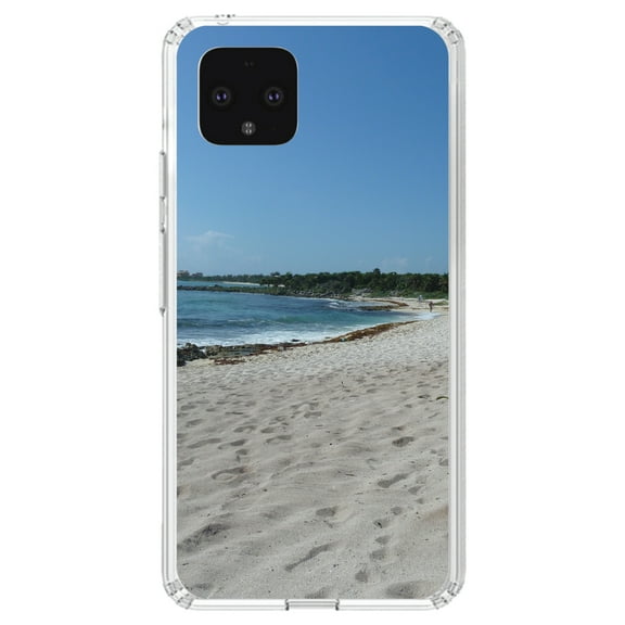 DistinctInk Clear Shockproof Hybrid Case for Google Pixel 4 (5.7" Screen) - TPU Bumper, Acrylic Back, Tempered Glass Screen Protector - Beach Scene Akumal Mexico