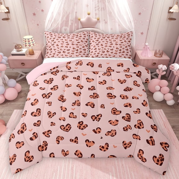 Feelyou Romantic Love Heart Bedding Comforter Set, Fashion Leopard Cheetah Print Twin Comforter Sets, Teens Kids Girls Women Reversible Bedding Set, Ultra Soft Bedroom Decor, 2 Pieces