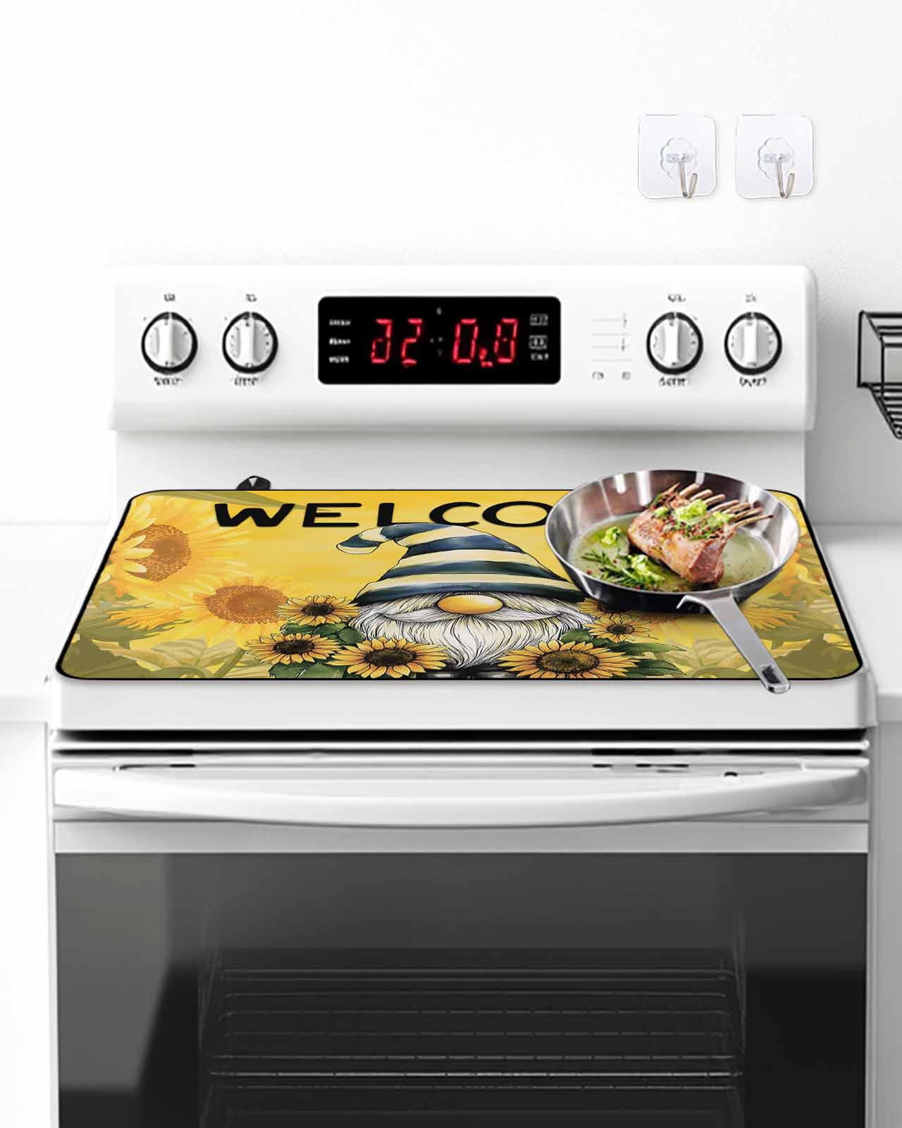 Stove Top Covers for Electric Stove 28.5x20.5 Inches, Sunflowers Gnomes Heat Insulation Fireproof Glass Cooktop Protector, Summer Yellow Floral Leaf Plant Countertop Stovetop Cover for Kitchen