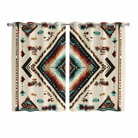 Red Teal Brown Boho Kitchen Curtains 63 Inch Length, Southwestern Abstract Geometric Grommet Top Bedroom Living Room Curtains, Light Filtering Cafe Curtain Drapes 2 Panels Set 104''x63''