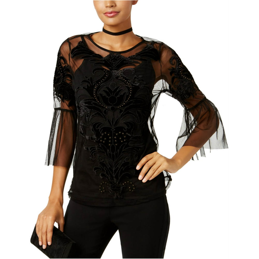INC - INC Womens Black Embellished Lace Bell Sleeve Illusion Neckline ...