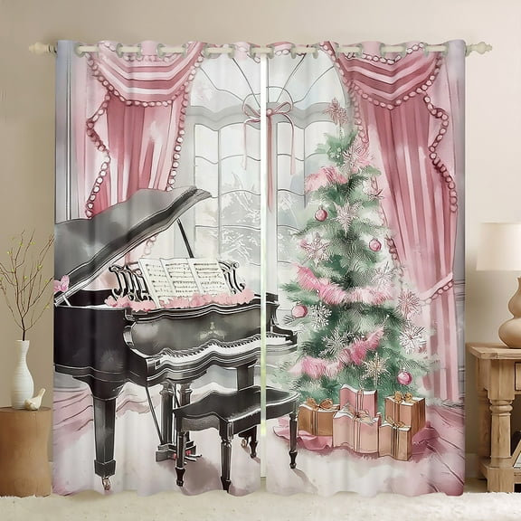 Manfei Pink Christmas Tree Black Out Curtains for Kids, Cartoon Princess Curtains Pack of 2 (42x63 Each), Western Retro Piano Bedroom Curtains, Curtains Blackout Room Decor