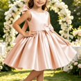 thumbnail image 5 of Girls' Satin Sleeveless Formal Party Dress, Square Neck, Large Bow Decor, Flared Swing Midi Skirt, Flower Girl Style, Suitable For Wedding Ceremonies, Birthday Banquets Beige 3-4 Years, 5 of 6