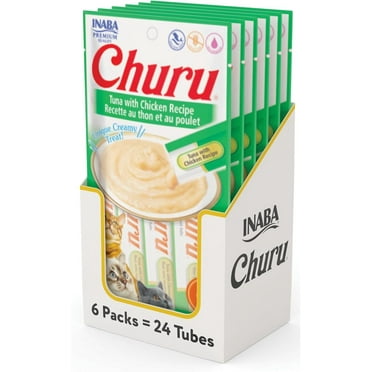 INABA Churu Cat Treats, Grain-Free, Lickable, Squeezable Creamy Purée Cat Treat/Topper with Vitamin E & Taurine, 0.5 Ounces Each Tube, 24 Tubes (4 per Pack), Tuna with Chicken Recipe