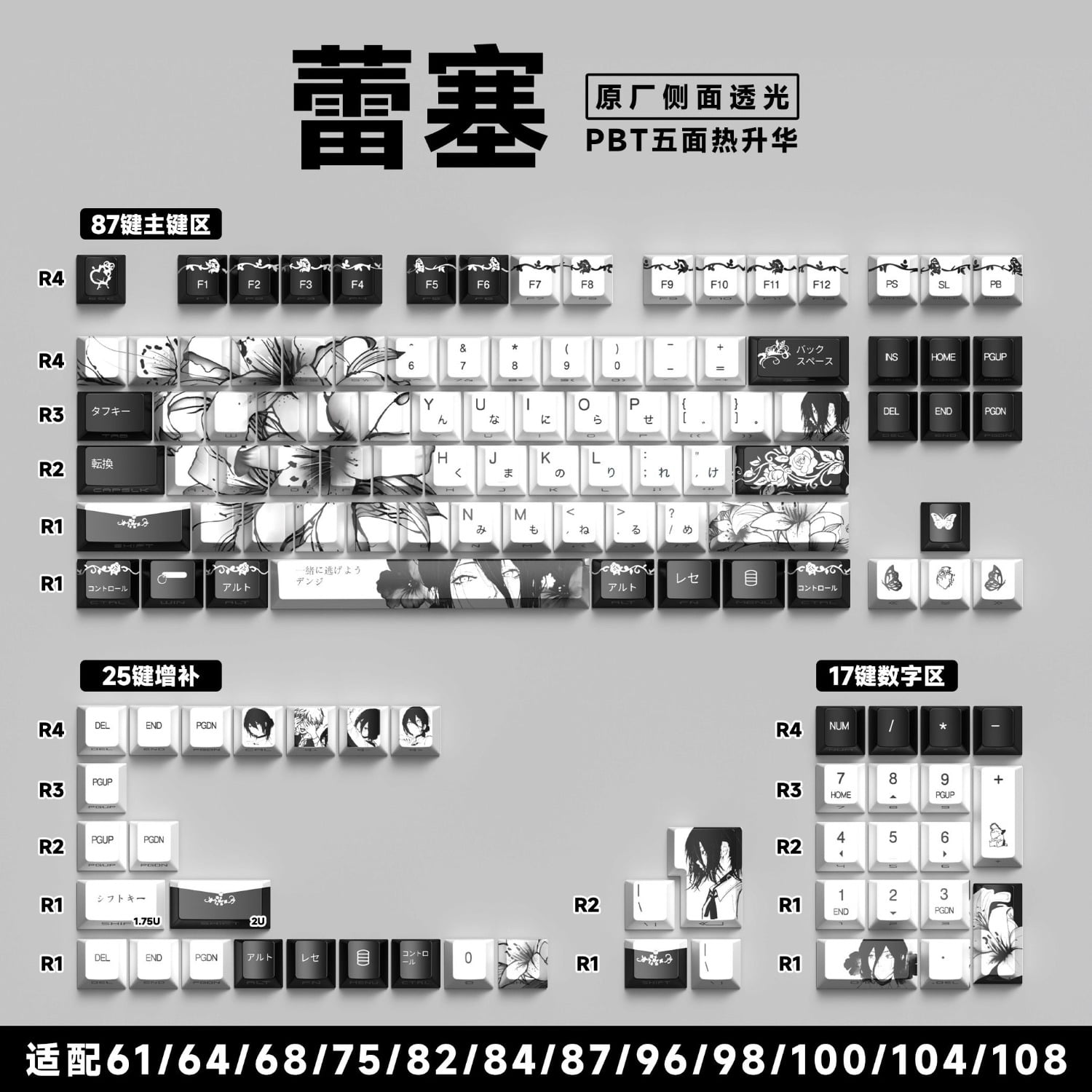 Reze Theme Side Print Keycap Set, OEM Profile 129 Keys PBT for Wooting 60HE & Mad68