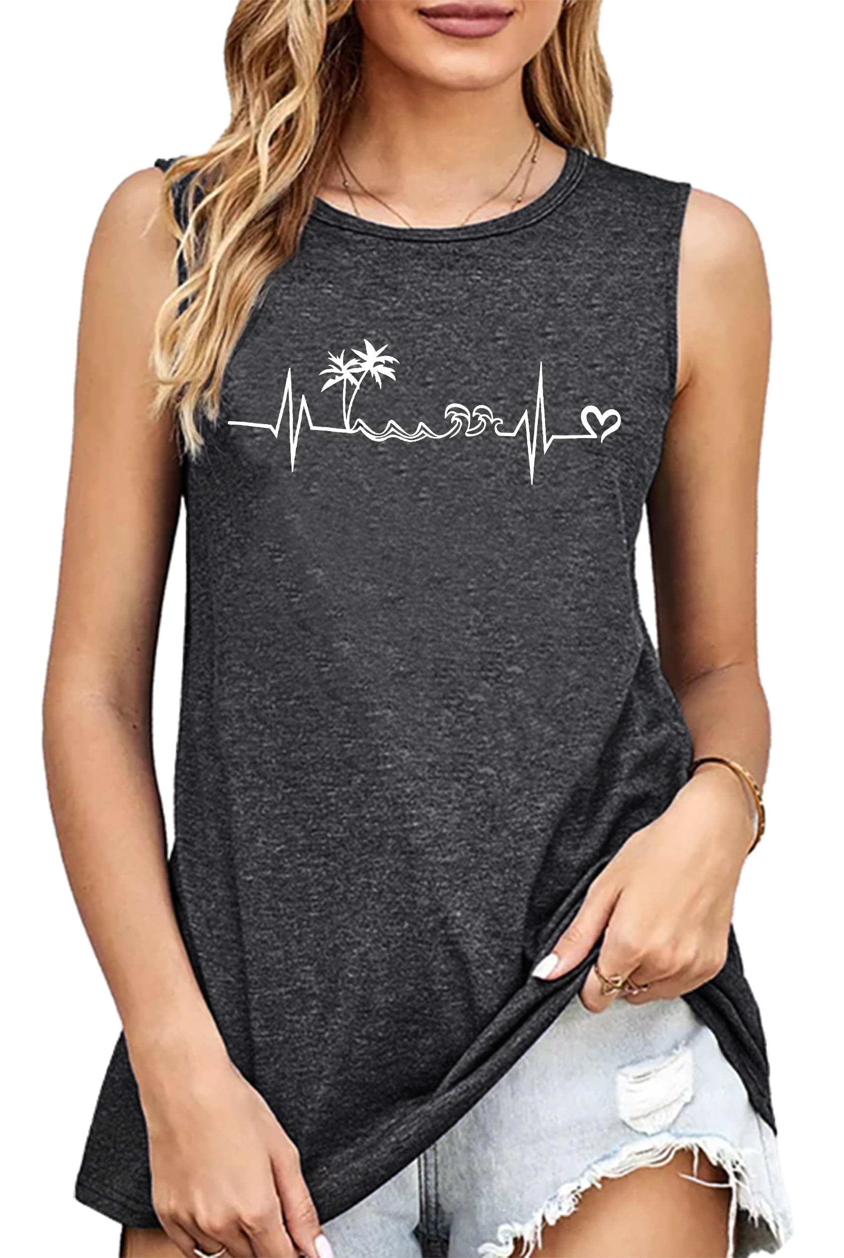 Women's Beach Heartbeat Tank Top – Sleeveless Love Graphic Muscle Tee For Summer & Vacation (Black, Medium)