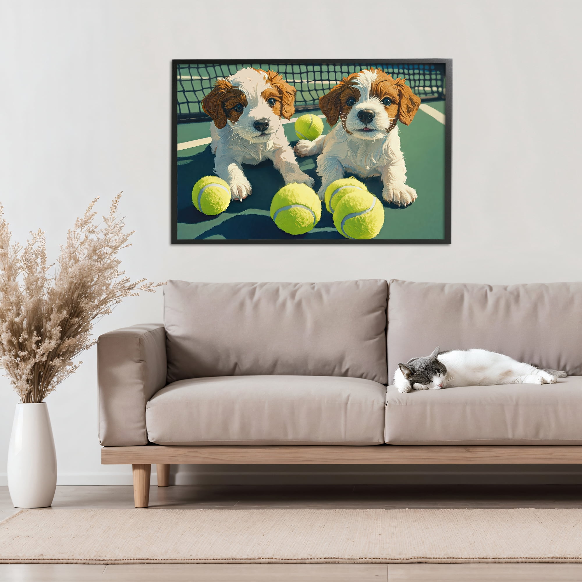 Stupell Industries Playful Puppies with Tennis Balls Black Framed Giclee Art, design by Imagine It Images