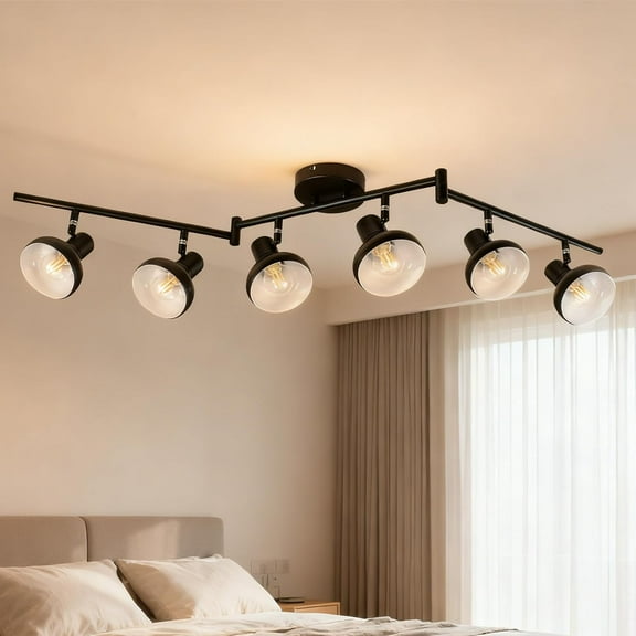SRWEHG-6-Light Track Lighting, Directional Rotatable Ceiling Light Fixture, Black Farmhouse Spotlight for Kitchen Living Room Office, E12 Base (Bulbs Not Included)