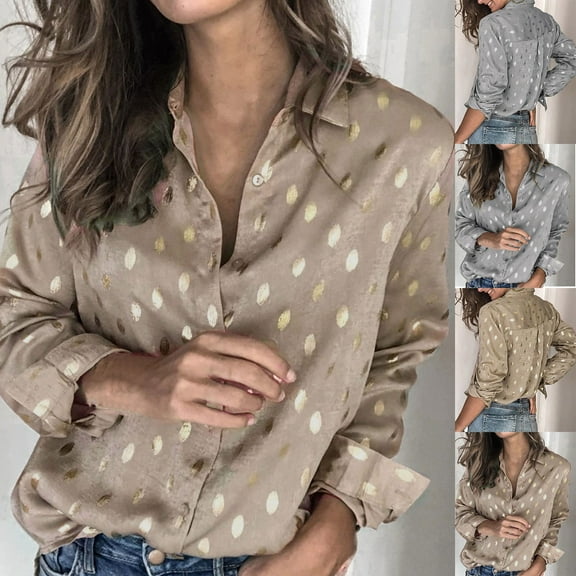 Olyvenn Bronzing Polka Dot Printing Shirt Womens Tops Casual Plus Size Loose Women's New Popular Lapel Shirts Long-sleeveds Personalized Women's Tops For Women 2022 Khaki XXL