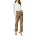thumbnail image 2 of INSPIRE CHIC Women's Plaid Elastic Waist Button Zipper Straight Leg Long Pants L Light Brown Beige, 2 of 6