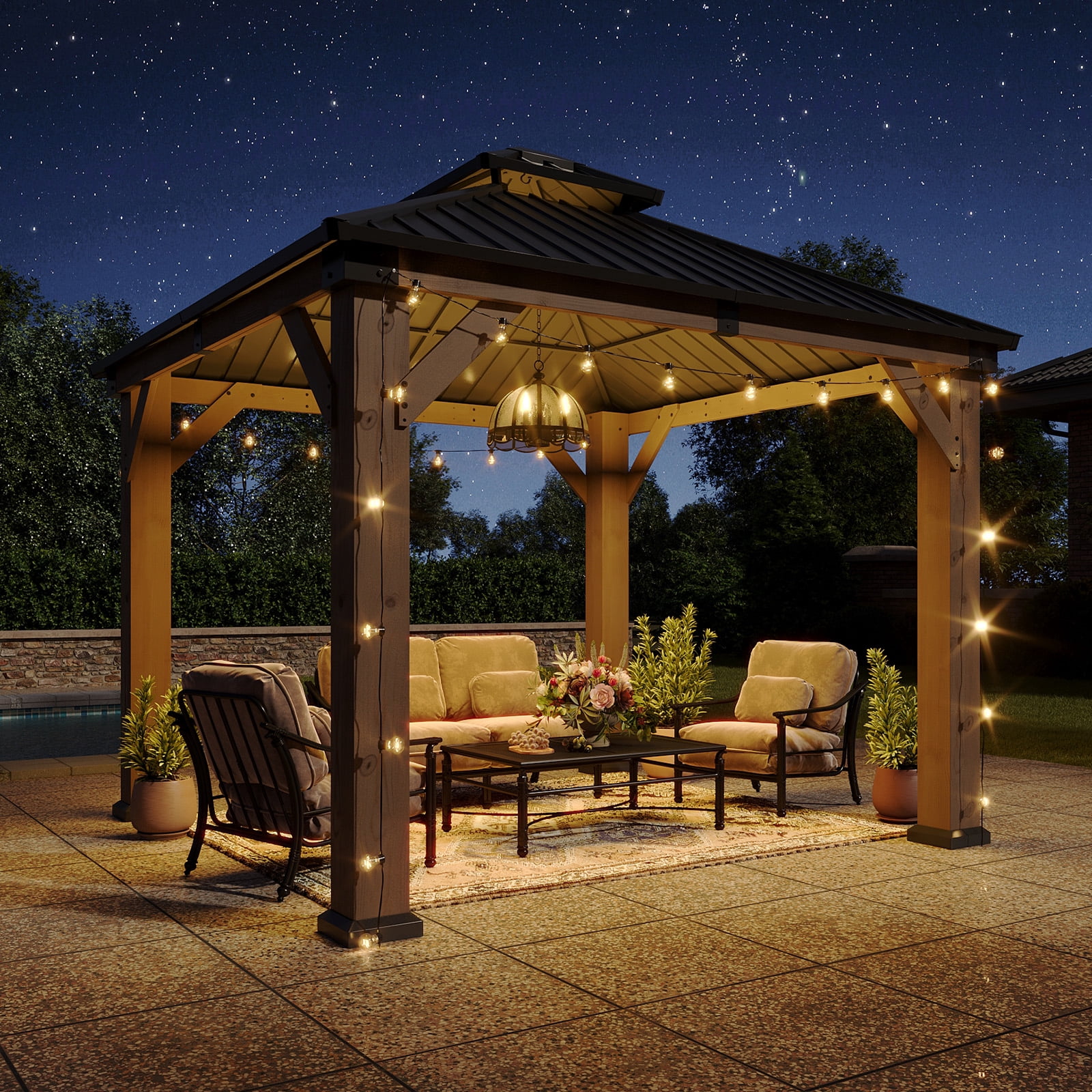Dateyes 10' x 10' Outdoor Wood Gazebo, Hardtop Gazebo Permanent Wooden Pavilion with Galvanized Steel Double Roof, for Patio, Garden, Deck, Cedar Wood
