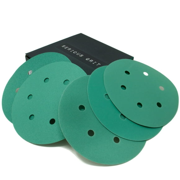 Serious Grit - 6-Inch 6-Hole Sanding Discs Assortment - 80, 120, 150, 180, 220 Grit (10 of Each) - Heavy-Duty Hook & Loop Film Discs - Sandpaper for Random Orbital Sanders - 50 Pack Box