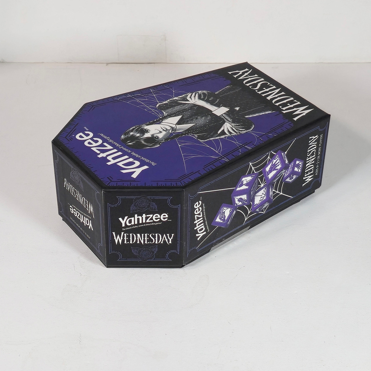 Yahtzee: Wednesday Dice Game, Collectible Flocked Interior Coffin Dice Cup, Classic Game Based on Addams Family Character Wednesday Addams, Officially Licensed Wednesday Game & Merchandise