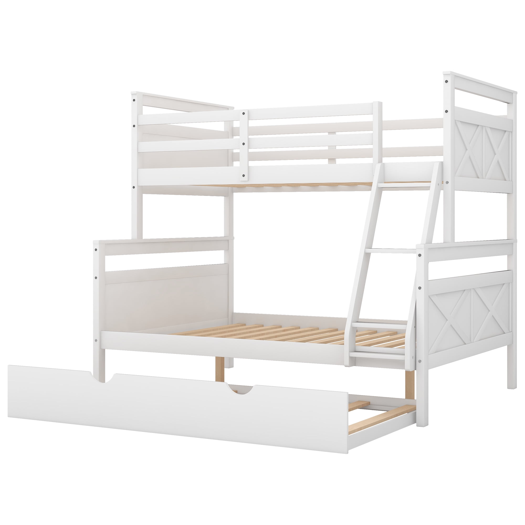 Euroco Wood Twin over Full Bunk Bed with Trundle for Kids Teens & Adults for Bedrooms, White