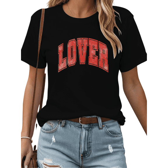 Black Print Tshirt Women Graphic Tees Red Distressed Lover Shirts for Valentine’s Day Casual Daily Wear Tops S-5XL