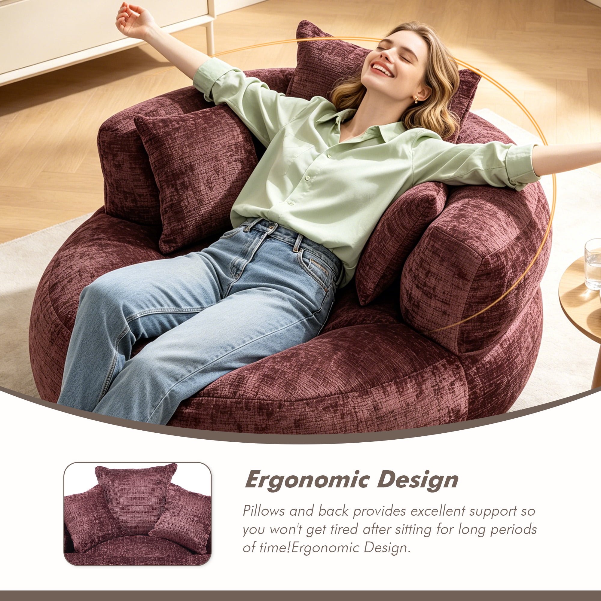 MOONMISS Oversized Bean Bag Chair, Chenille Lazy Bean Bag Sofa with Wrap-Around Backrest & Pillows for Living Room,Wine Red