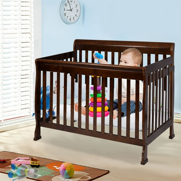Costway Coffee Pine Wood Baby Toddler Bed Convertible Crib Nursery Furniture Children Walmart