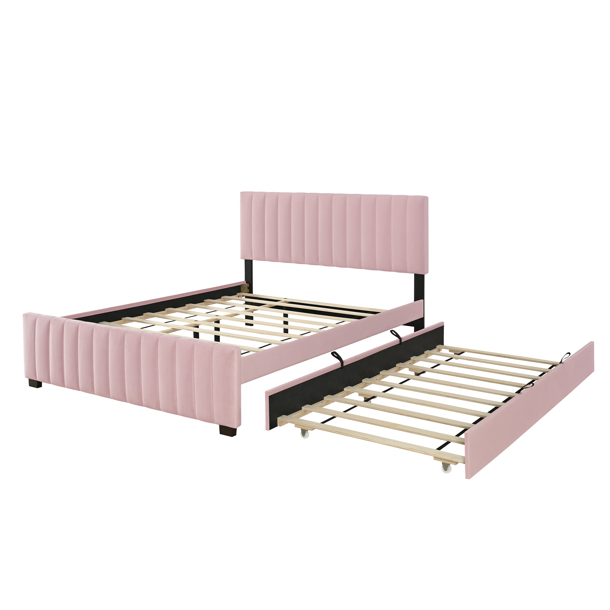 Aukfa Queen Size Upholstered Bed Frame with Twin XL Trundle, Velvet Tufted Headboard & Footboard, Pink